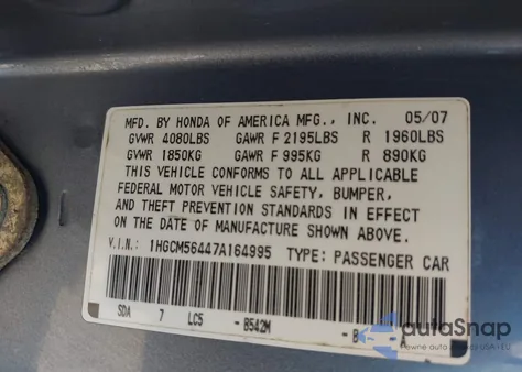 2007 Honda Accord 2.4 Lx z USA, uszkodzony, nr VIN 1HGCM56447A164995